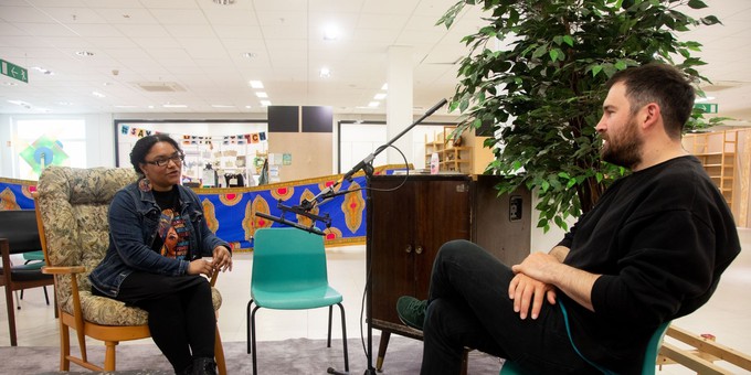 Image of sound artist Oliver Payne interviewing poet and writer Ligia Macedo, a prominent and proactive figure among Great Yarmouth’s Portuguese community.