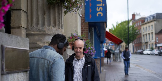 Sound artists Aundre Goddard and Richard Bentley outside the Great Expectations pub, London Street.