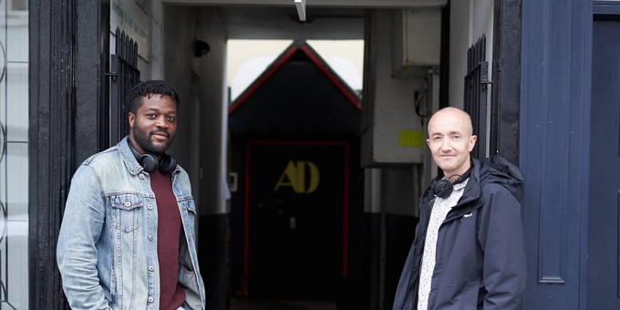 Sound artists Aundre Goddard and Richard Bentley outside the old After Dark Club, London Street.