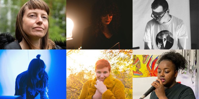 A composite image of our 2022 Sound Generator artists. Top left is Loula Yorke, top middle - Piera Onacko, top right - Andrew Woodhead, bottom left - Daphnellc Lavender, bottom middle - Ambra, bottom right - Jasmine Kahlia.